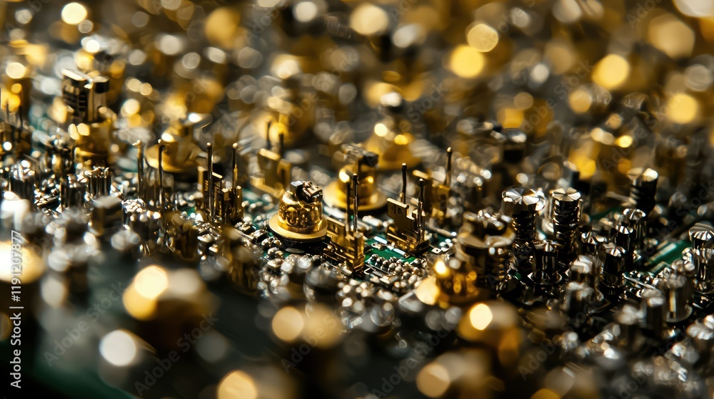 Close-Up of Intricate Electronic Circuit Board with Golden Components Close-Up of Intricate Electronic Circuit Board with Golden Components