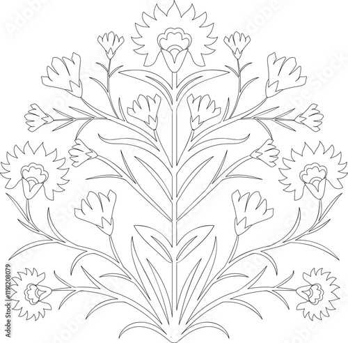 Mughal Floral Outline Design, Symmetrical Flower Illustration