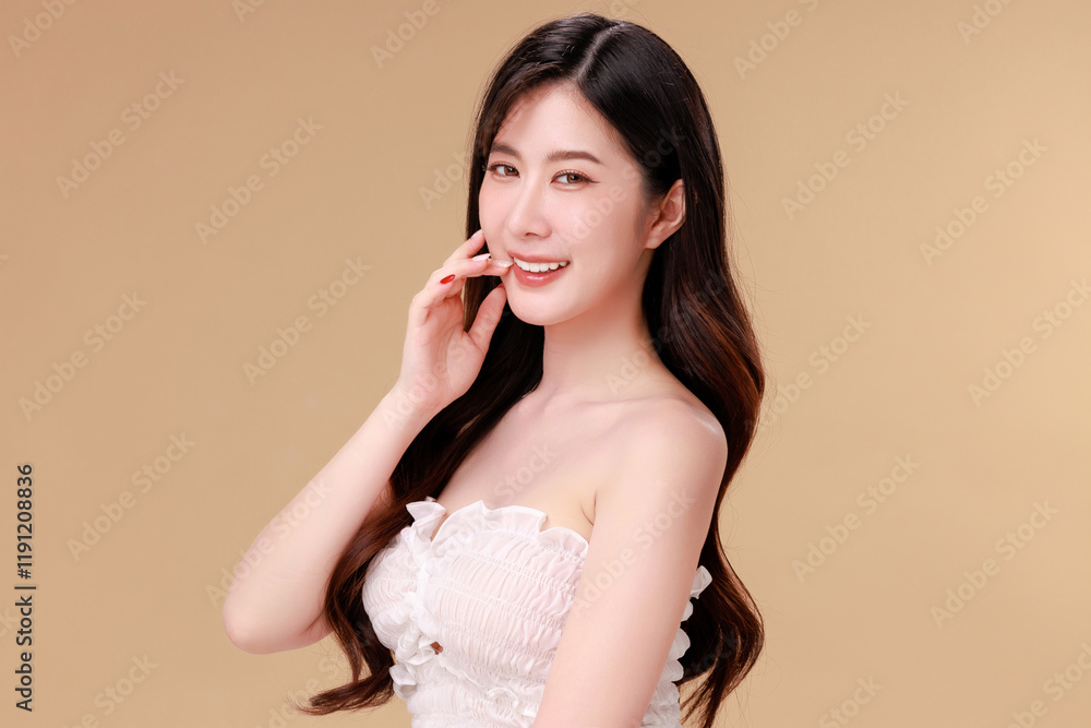 Beauty portraits of young Asian woman with clean fresh skin on beige background. Cute female model, beauty blogger make up artist in studio. Skincare, plastic surgery, spa concept. Beauty portraits of young Asian woman with clean fresh skin on beige background. Cute female model, beauty blogger make up artist in studio. Skincare, plastic surgery, spa concept.
