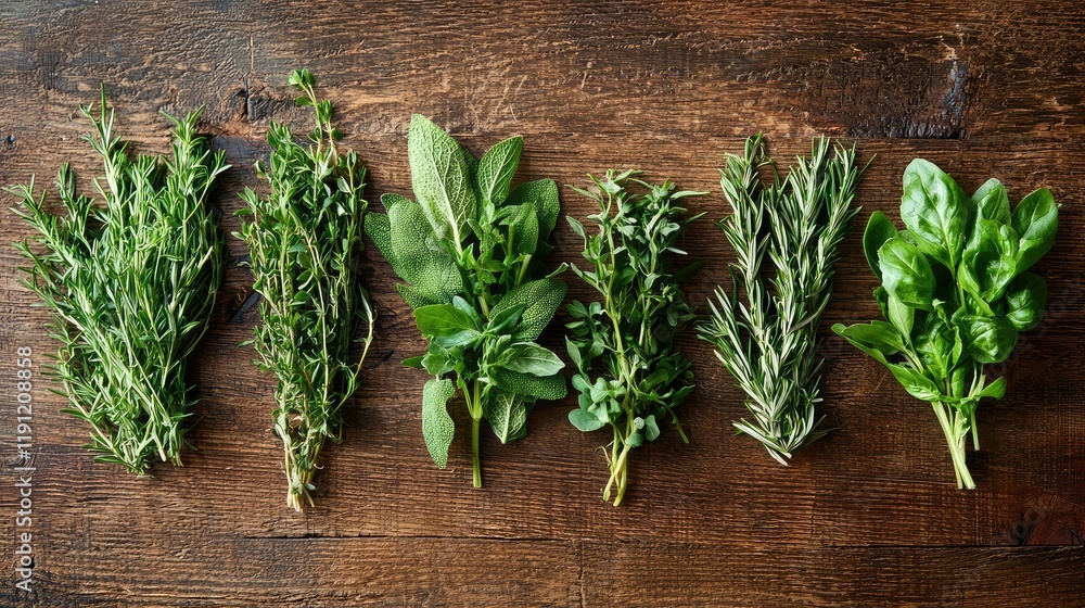 Fresh Herbs Collection with Various Green Leaves on Wooden Surface Fresh Herbs Collection with Various Green Leaves on Wooden Surface