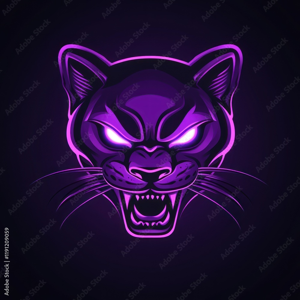 Glowing Purple Panther Head, Dark Background, Mascot Design