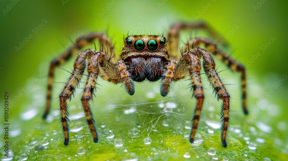 A Colorful Jumping Spider on a Dewy Green Leaf A Colorful Jumping Spider on a Dewy Green Leaf