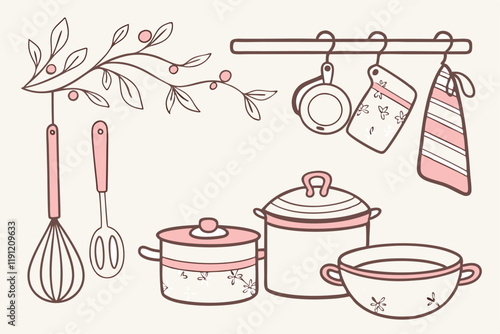 Hand-drawn kitchen utensils, vintage cooking tools illustration, pastel color palette, whimsical doodle style, retro kitchenware collection, culinary equipment sketch, cookware set drawing, cute kitch