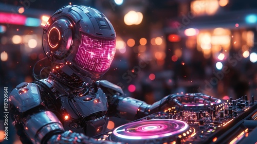 Futuristic Robot DJ Lighting Up the Night Sky with Colorful Holographic Discs at a High-Energy Event