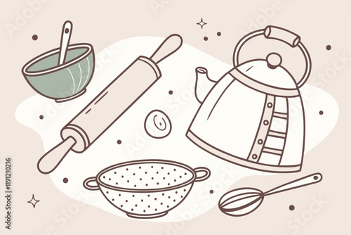 Hand-drawn kitchen utensils, vintage cooking tools illustration, pastel color palette, whimsical doodle style, retro kitchenware collection, culinary equipment sketch, cookware set drawing, cute kitch