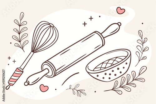 Hand-drawn kitchen utensils, vintage cooking tools illustration, pastel color palette, whimsical doodle style, retro kitchenware collection, culinary equipment sketch, cookware set drawing, cute kitch