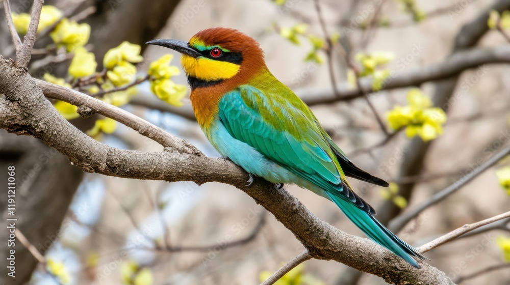 Obraz premium Colorful Bee Eater Bird Perched On Branch Among Blossoms