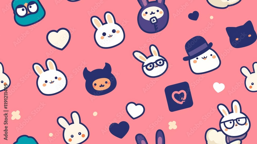 Fototapeta premium Whimsical Faces with Glasses and Hats on Pink Background