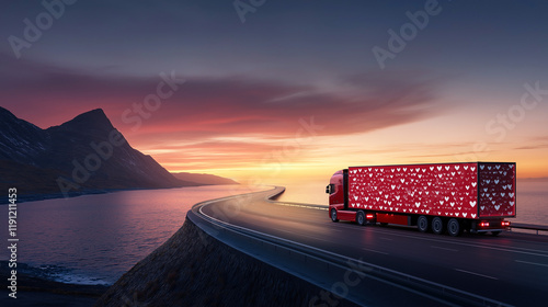 Red truck with heart-patterned trailer driving on a scenic coastal highway at sunset. Banner with copy space photo