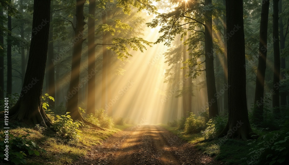 Obraz premium sunset sun rays breaking through a dense forest