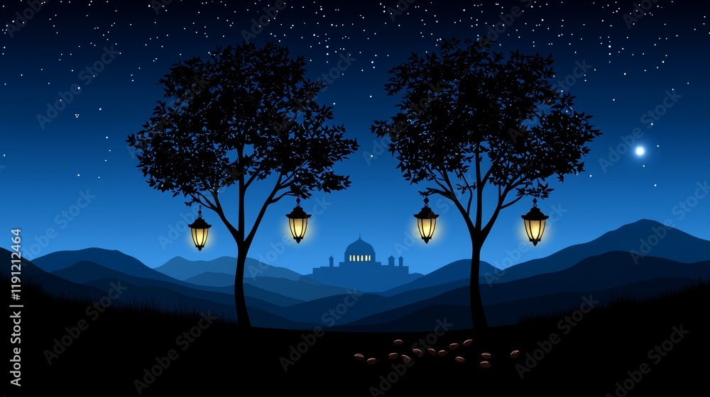 Serene Ramadan Night with Lanterns and Mosque Silhouette Serene Ramadan Night with Lanterns and Mosque Silhouette