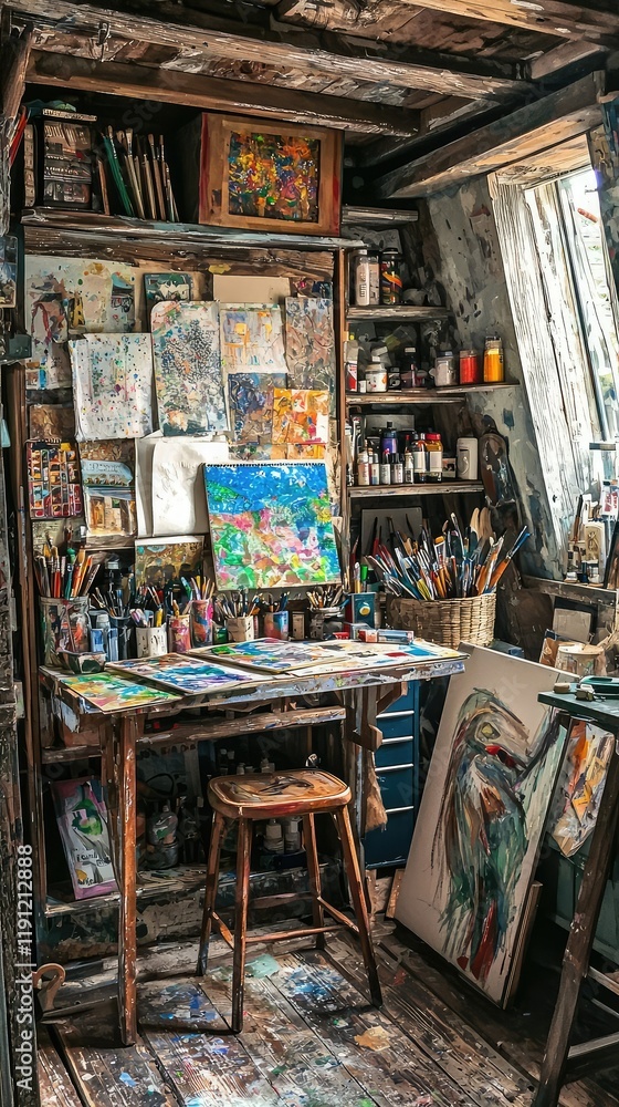 Fototapeta premium Cozy and Creative Art Studio with Paint Supplies and Colorful Artwork