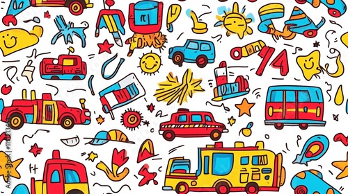 Fun Hand-Drawn Doodles of Colorful Fire Trucks and Vehicles