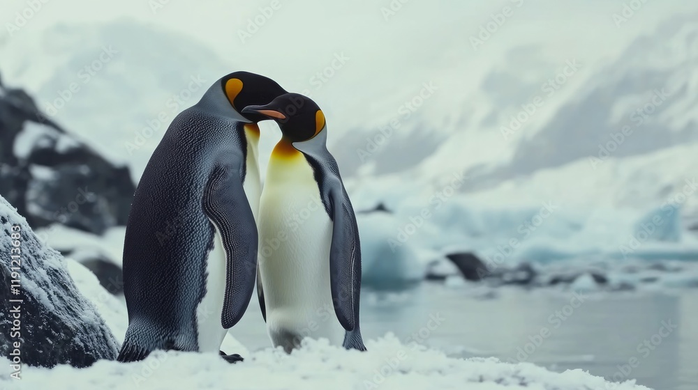 Obraz premium King penguins cuddling in Antarctica, icy mountains background; wildlife conservation