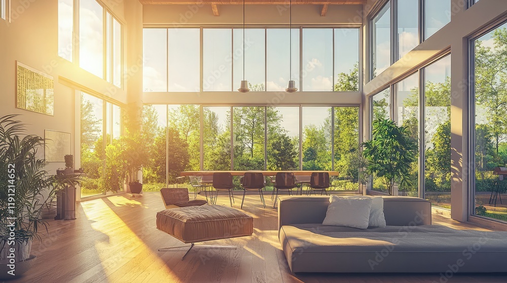 Fototapeta premium Bright and Airy Living Room with Large Windows and Greenery