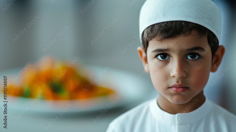 Young Boy in Traditional Attire with Food Background in Soft Focus Young Boy in Traditional Attire with Food Background in Soft Focus