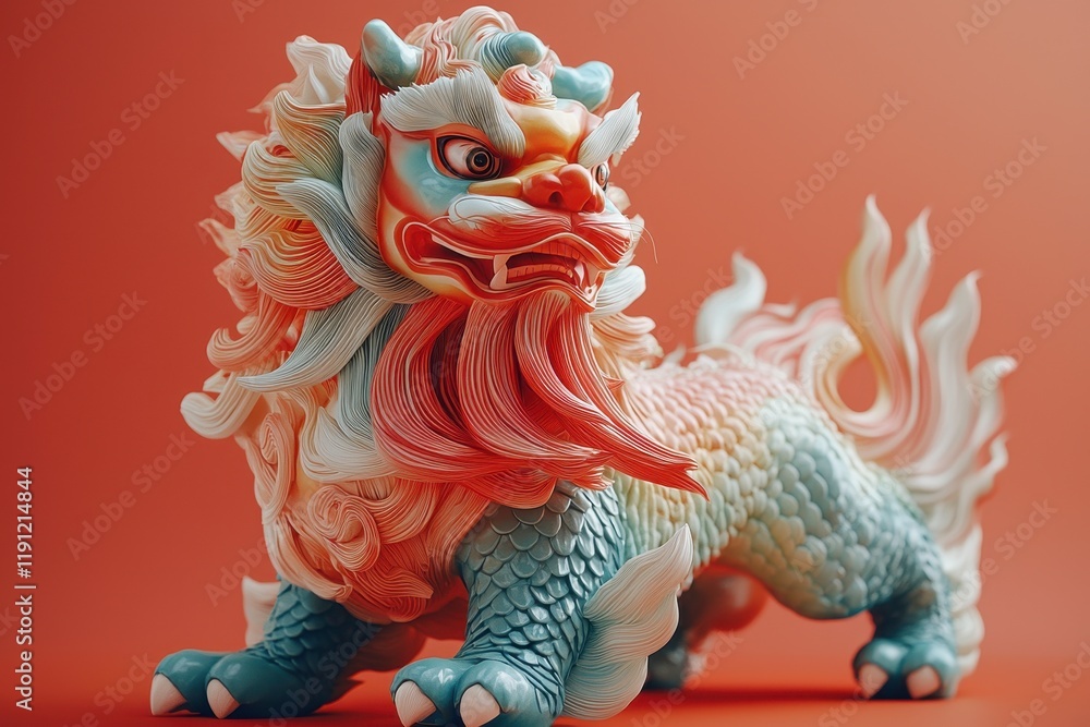 Vibrantly Colored Mythical Creature Sculpture with Intricate Details, Symbolizing Protection and Strength Against Evil, Against a Bold Red Background