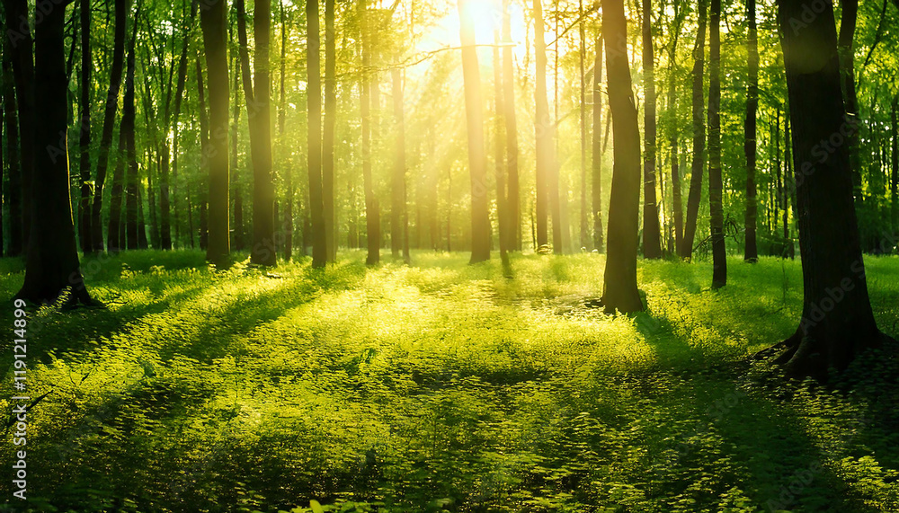 Obraz premium Sunlit forest exploration nature reserve photography lush environment ground level viewpoint tranquility and serenity concept