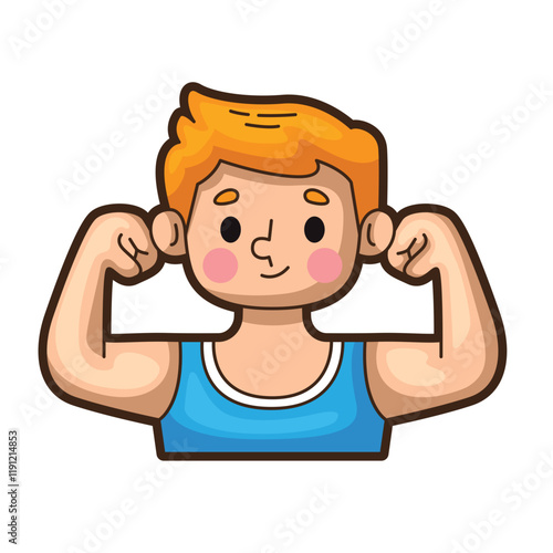 Strong boy sporting blue sleeveless shirt flexes his biceps. Great for fitness or sports related designs aimed at showcasing strength and determination