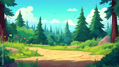 sunny forest path illustration with cartoon style featuring a scenic trail through lush pine trees in a summer landscape ideal for nature wallpaper or digital art background