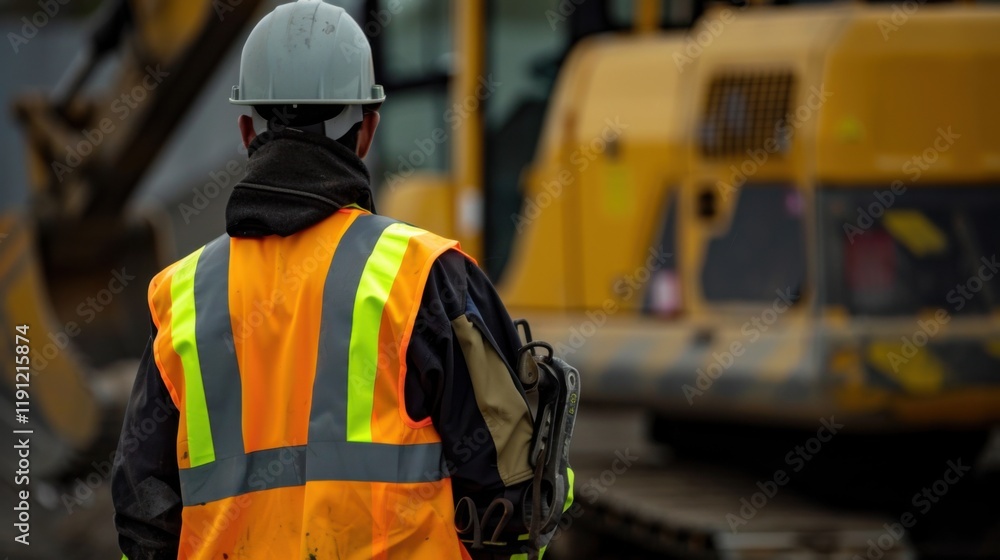 Fototapeta premium A close-up of a construction worker in a reflective vest and hard hat, holding a wrench, with a mechanical digger in the background