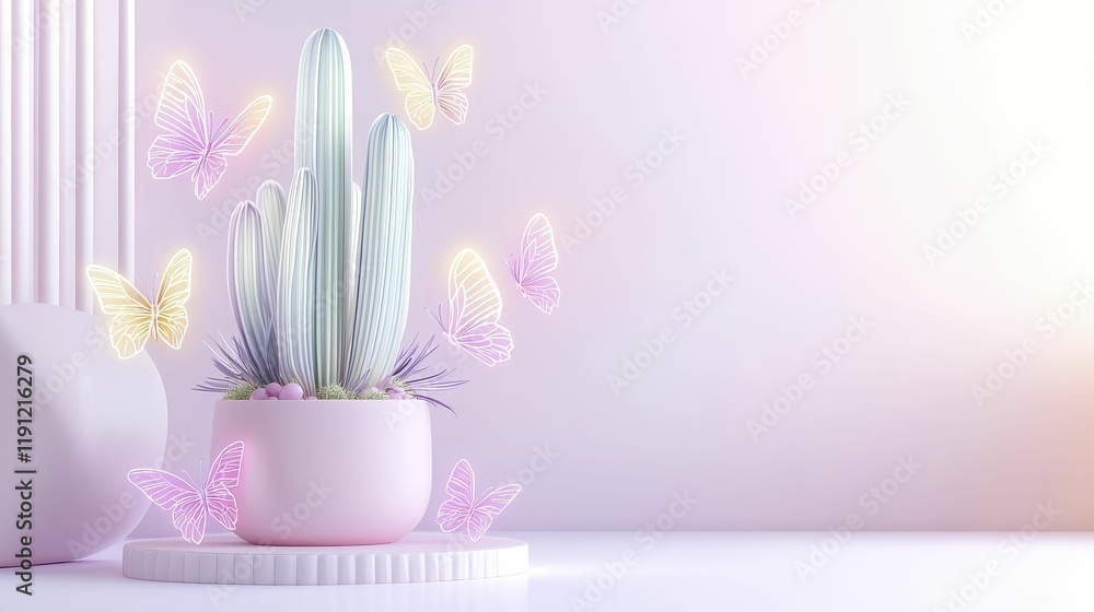 Obraz premium Cactus Neon Light Pot Cactus with butterflies in a pastel setting