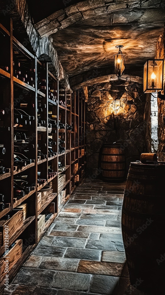 Cozy Wine Cellar with Wooden Shelves and Stone Walls Cozy Wine Cellar with Wooden Shelves and Stone Walls