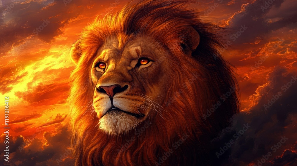 Fototapeta premium Majestic Lion at Sunset Fiery Sky Background