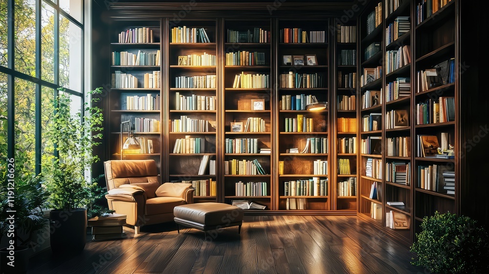 Cozy reading nook in a serene library with wooden shelves and light Cozy reading nook in a serene library with wooden shelves and light