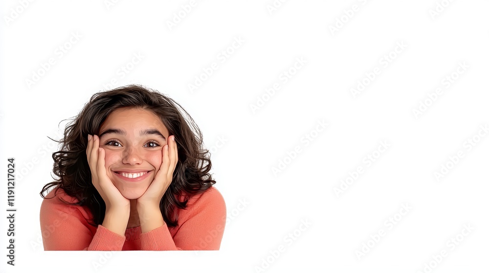 Joyful Girl Peeking Out with Hands on Her Cheeks in Delight Joyful Girl Peeking Out with Hands on Her Cheeks in Delight