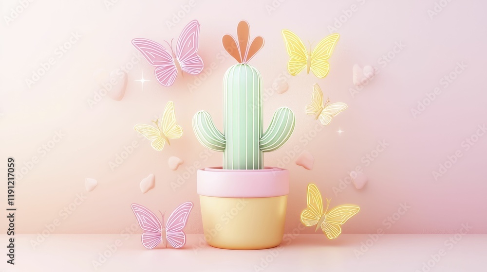 Cactus Neon Light Pot Colorful cactus surrounded by butterflies in a pastel setting Cactus Neon Light Pot Colorful cactus surrounded by butterflies in a pastel setting