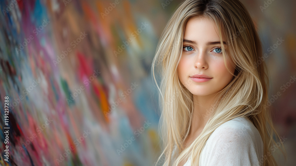 Naklejka premium Beautiful Blonde Woman Artist with Blue Eyes Standing in Front of Her Vibrant Abstract Painting