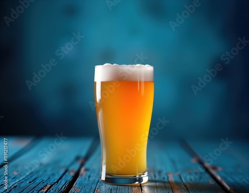 Closeup view of craft beer glass filled with light amber beer. Glass slight tulip shape, head of foam. Background dark teal deep blue color. Image could used for brewery pub menu general beer