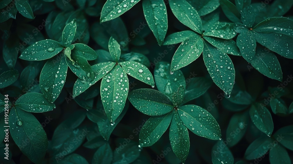 Fototapeta premium A close-up of raindrops on vibrant green leaves, showcasing naturea??s beauty