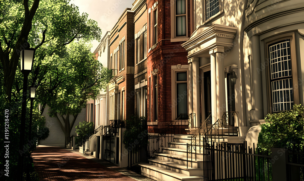 Fototapeta premium Charming Urban Streetscape with Lush Greenery and Classic Architecture