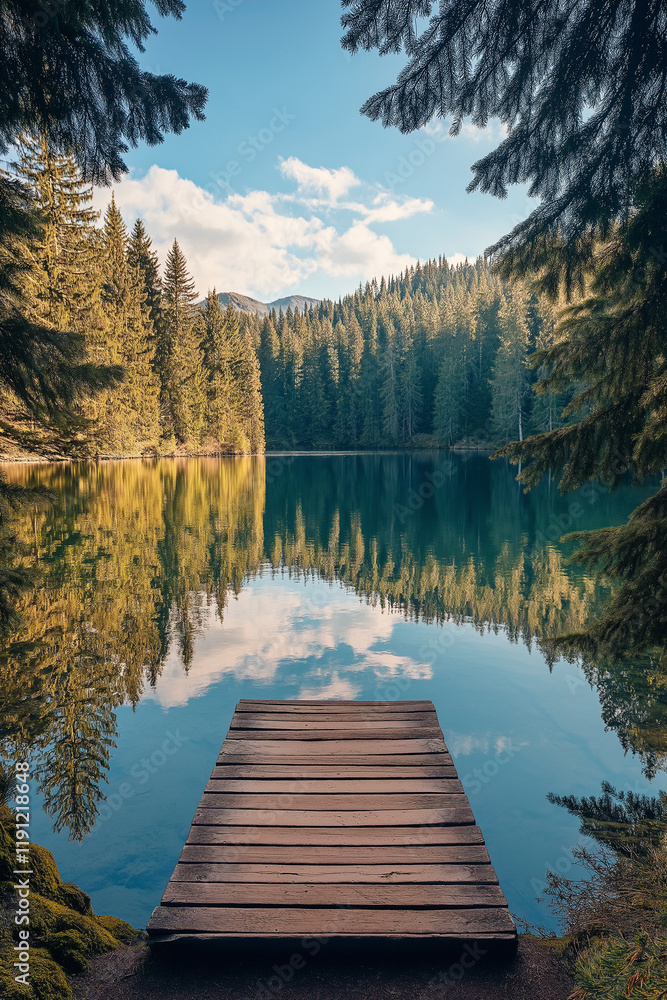 Idyllischer Bergsee mit Holzsteg, umgeben von grünen Wäldern und Bergen
Idyllischer Bergsee mit Holzsteg, umgeben von grünen Wäldern und Bergen