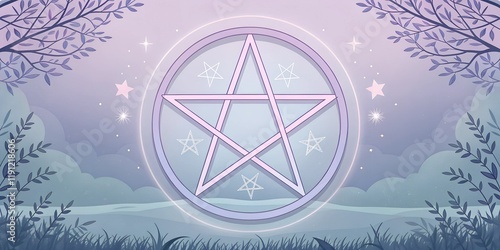 Mystical pastel goth background featuring a pentagram surrounded by glowing stars, leaves, and a dreamy landscape in soft purple and blue tones. Ideal for gothic and spiritual themes.
