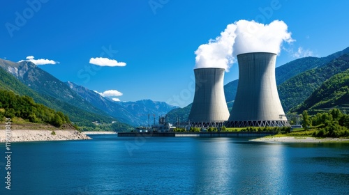 two cooling towers with smoke coming out of them photo