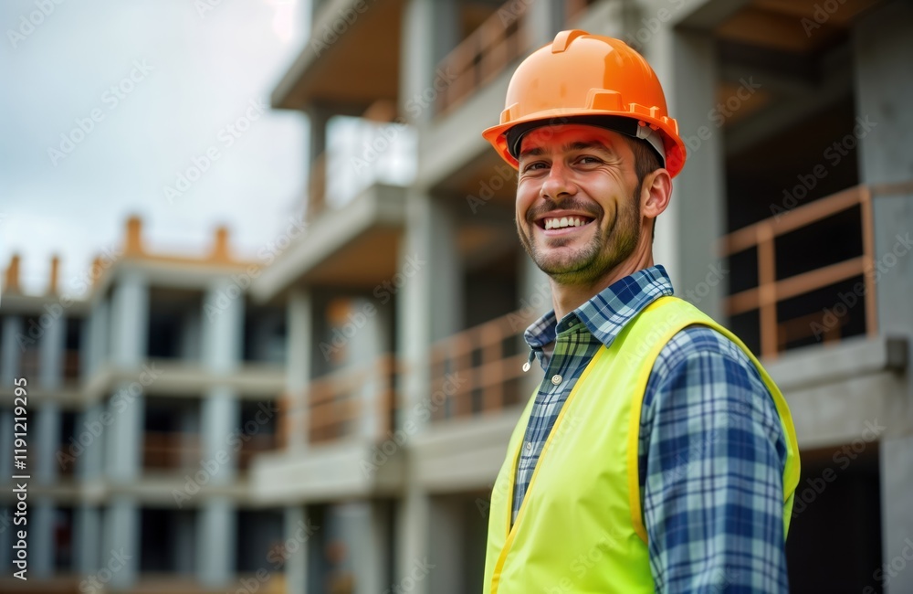 Smiling construction worker in front of building under construction. Man wears safety helmet and vest. Daytime view. Project development. Professional and happy worker. Urban development project. Smiling construction worker in front of building under construction. Man wears safety helmet and vest. Daytime view. Project development. Professional and happy worker. Urban development project.