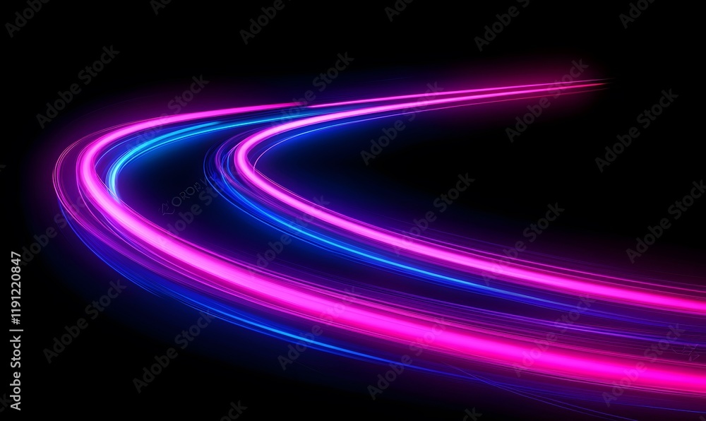 Curved neon light trails. Fast-moving blue and pink laser lines creating glowing energy effects. Abstract road speed background. Horizontal template color gradient. Curved neon light trails. Fast-moving blue and pink laser lines creating glowing energy effects. Abstract road speed background. Horizontal template color gradient.