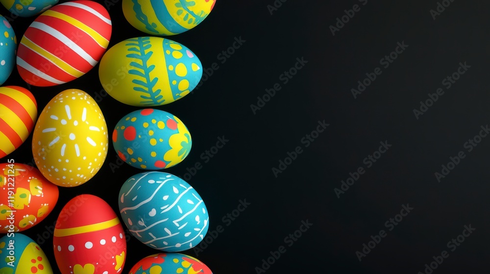 Obraz premium Easter Egg Border: A vibrant and cheerful Easter greeting with a border of beautifully decorated eggs in shades of red, yellow, and blue.