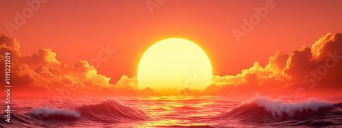 Red Sunset Over the Ocean with Waves Crashing on the Shore photo