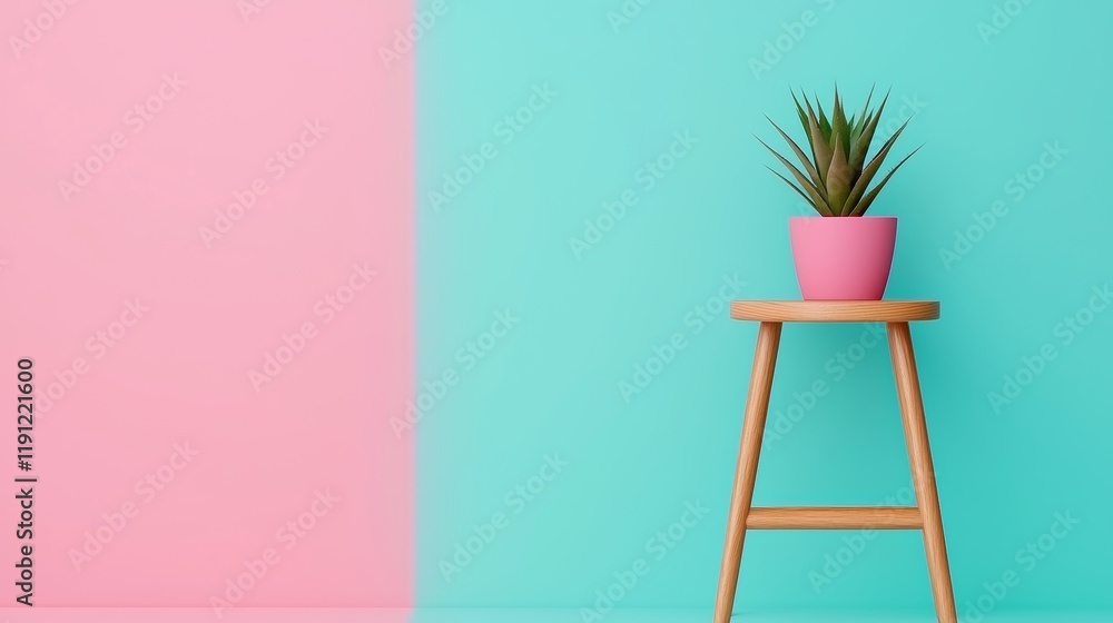 Brightly Colored Space with Plant in Pot on Wooden Stool Brightly Colored Space with Plant in Pot on Wooden Stool