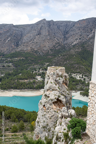 View of the Guadalest lake and the ancient castle in the Spanish province of Alicante
