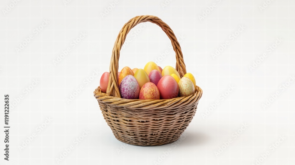 Easter Basket Abundance: A wicker basket overflowing with vibrantly colored Easter eggs, symbolizing the joy and celebration of the spring holiday. Easter Basket Abundance: A wicker basket overflowing with vibrantly colored Easter eggs, symbolizing the joy and celebration of the spring holiday.