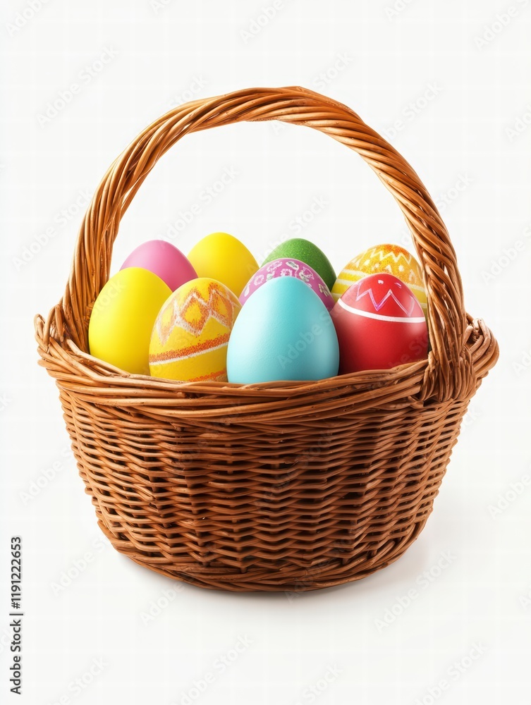 Easter Egg Hunt Basket: A charming wicker basket overflowing with vibrantly colored, hand-painted Easter eggs, ready for a springtime egg hunt. A symbol of Easter traditions and festive cheer. Easter Egg Hunt Basket: A charming wicker basket overflowing with vibrantly colored, hand-painted Easter eggs, ready for a springtime egg hunt. A symbol of Easter traditions and festive cheer.