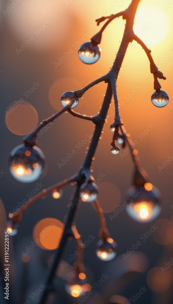 Obraz premium Dew drops on a branch reflecting sunset light and warm blurry background