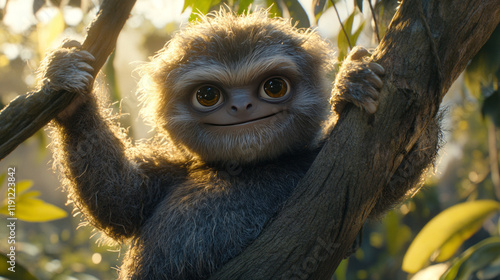 adorable baby sloth hanging on tree branch in golden hour sunlight: cute rainforest portrait and wildlife photography featuring fluffy three-toed sloth cub with smiling face photo