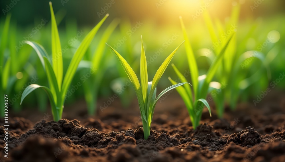 Young green maize plants sprout from fertile soil. Sunlight illuminates new growth. Fresh organic plants. Agriculture in spring season. Rural farmland. Healthy crops. Life cycle. Nature beauty. Young green maize plants sprout from fertile soil. Sunlight illuminates new growth. Fresh organic plants. Agriculture in spring season. Rural farmland. Healthy crops. Life cycle. Nature beauty.
