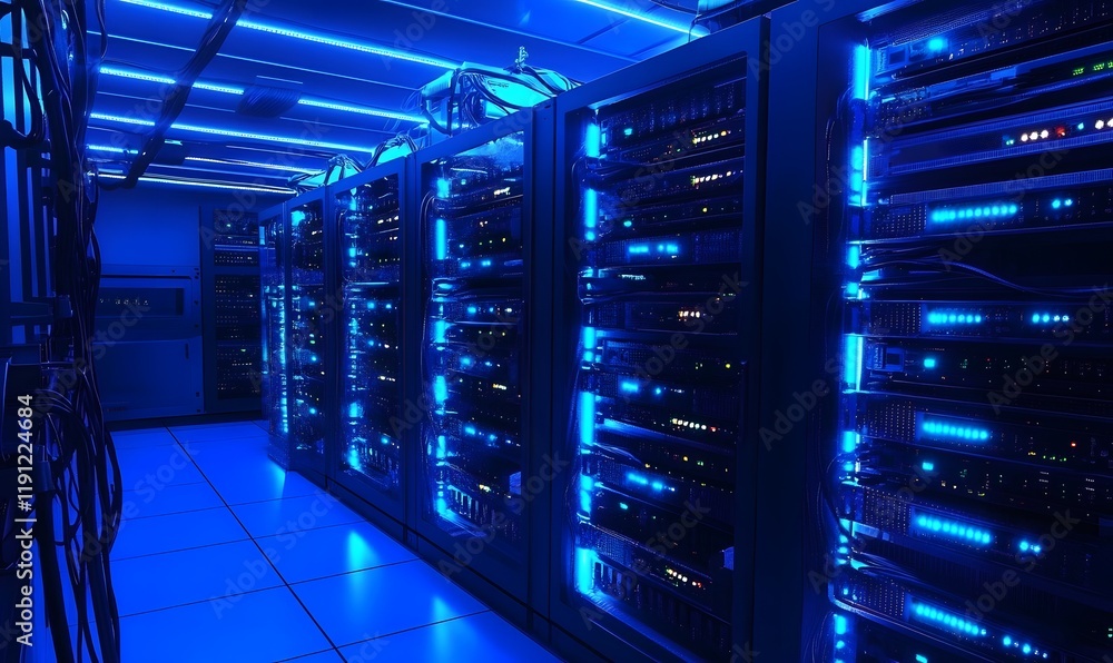 A server room data center with blue neon led lights, Generative Ai A server room data center with blue neon led lights, Generative Ai